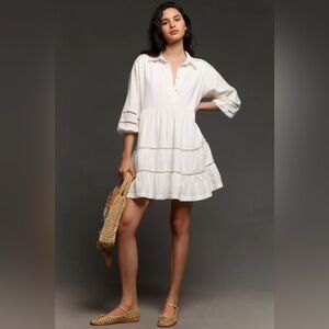 Anthropologie Maeve Bettina Collared Linen Tiered Mini Shirt Dress Ivory White M